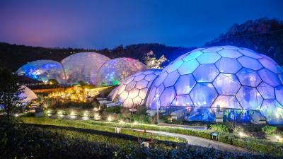 Eden's Biomes lit up with Christmas lighting